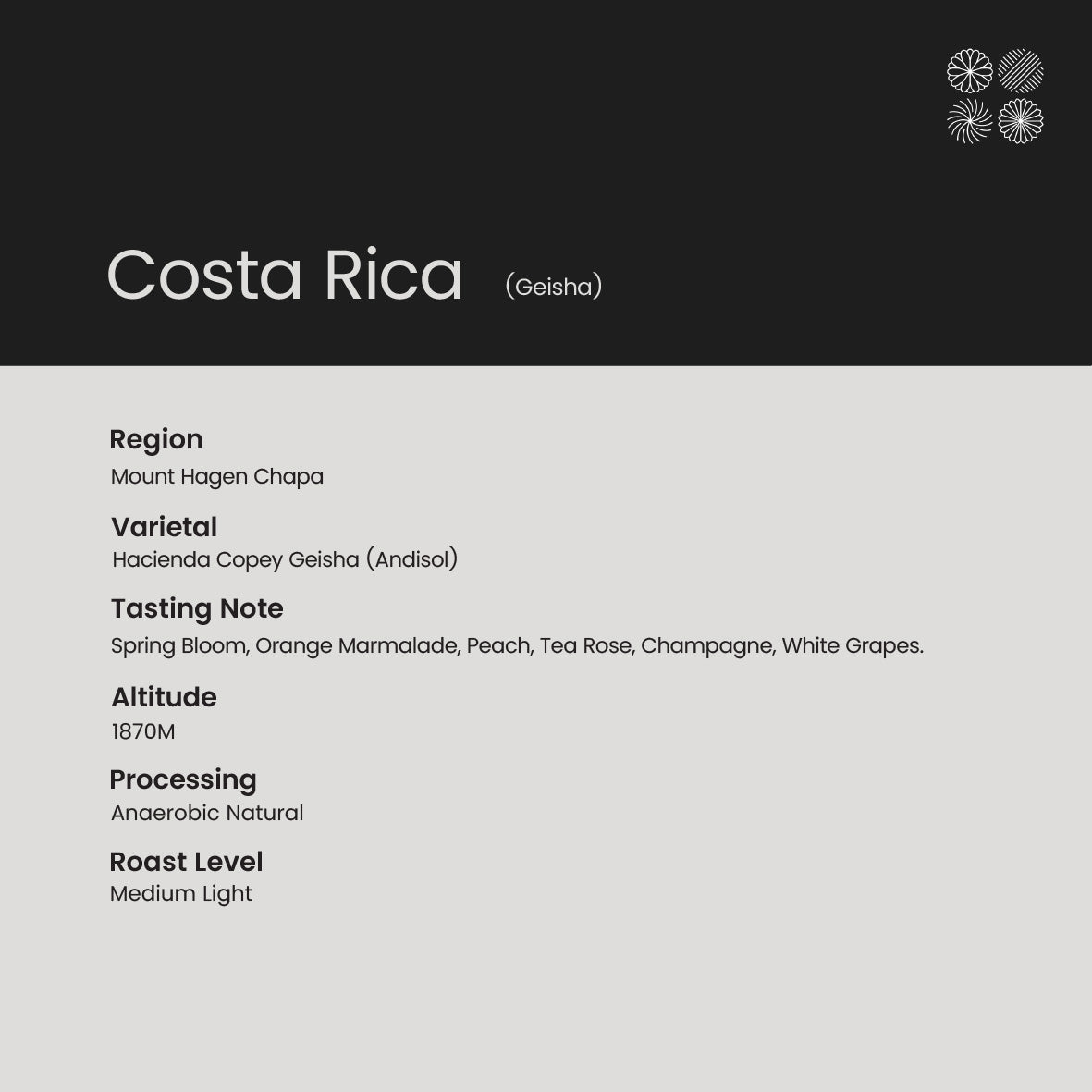 [Whole Bean] Costa Rica (Geisha) | Spring Bloom, Orange Marmalade, Tea Rose, Champagne, White Grapes.